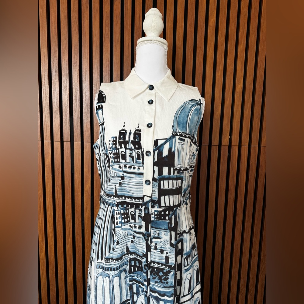 Elie Tahari Blue and White Sleeveless Dress - Picture 7 of 10